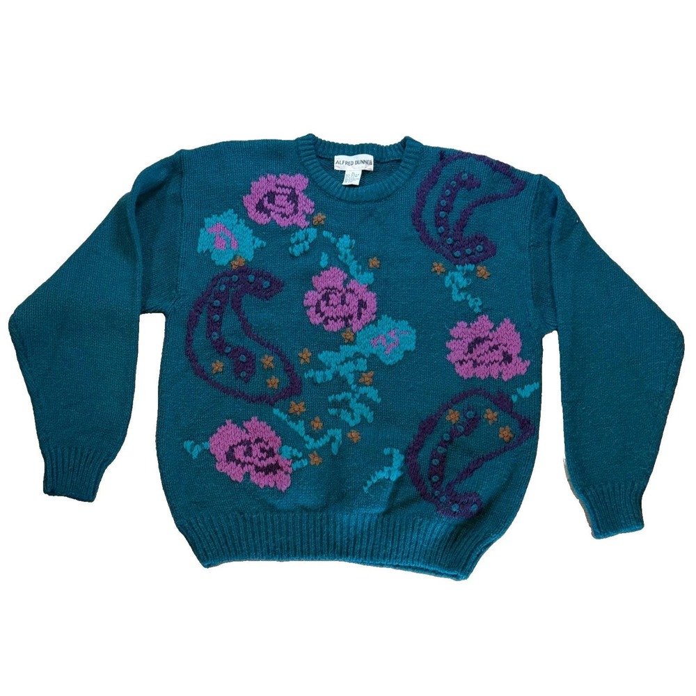 Vtg‎ Fisherman Sweater Womens XL Green Floral Alfred Dunner Paisley Knit Granny